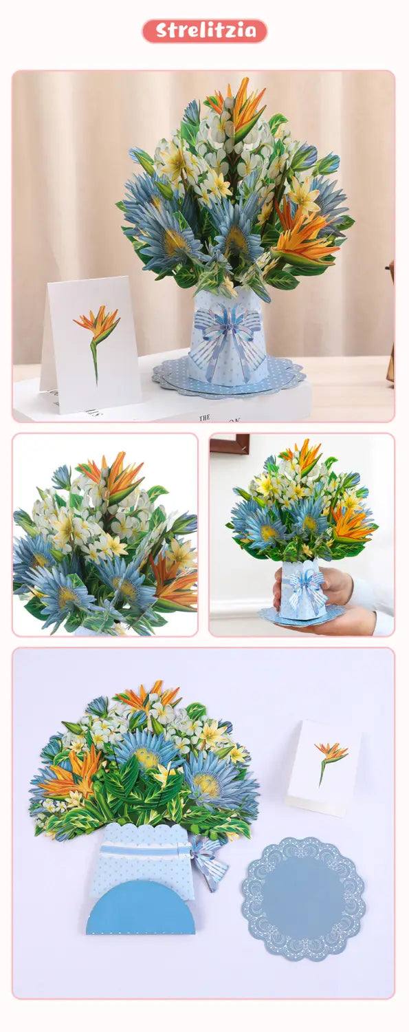A delicate blue paper flower arrangement in a matching light blue vase with a lace doily base designed as an elegant 3d craft kit for a Mothers Day 3d pop up flower bouquet greeting card.