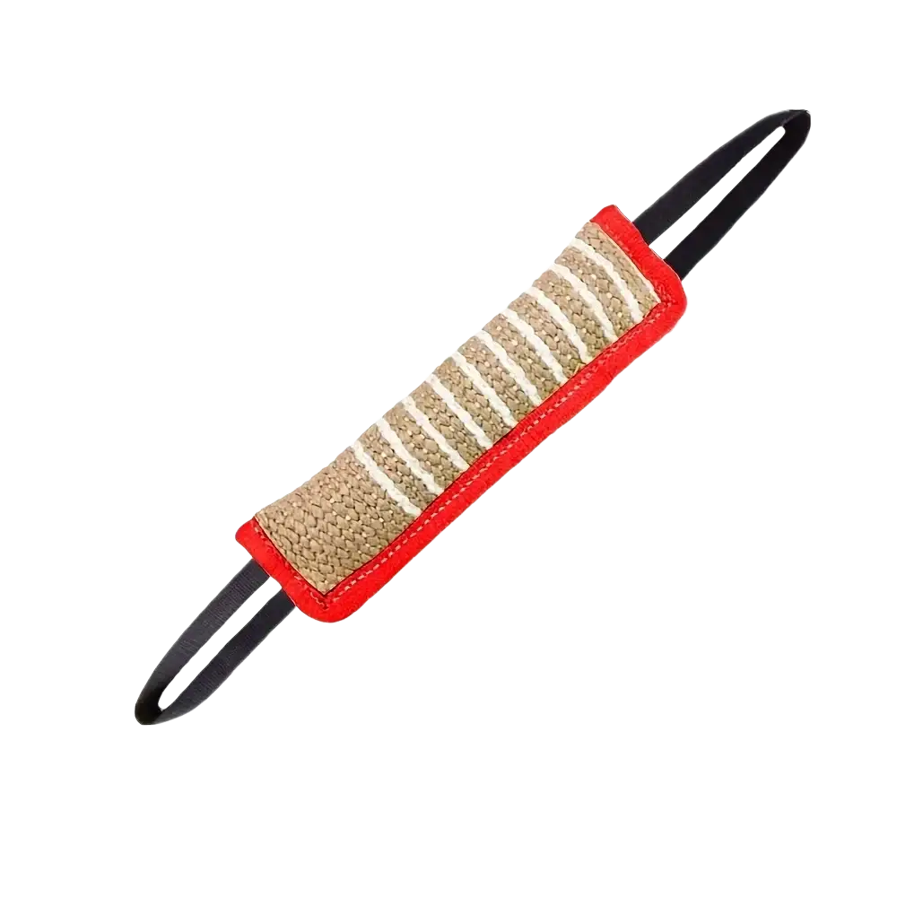 Jouet à mâcher durable en jute pour chien avec une poignée tissée beige et blanche à texture rehaussée de rouge, vu de face