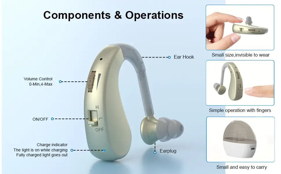 Audífono plateado elegante con tapón auricular ergonómico y gancho curvado para el oído, diseñado para la reducción de ruido y compatible con un estuche de carga.