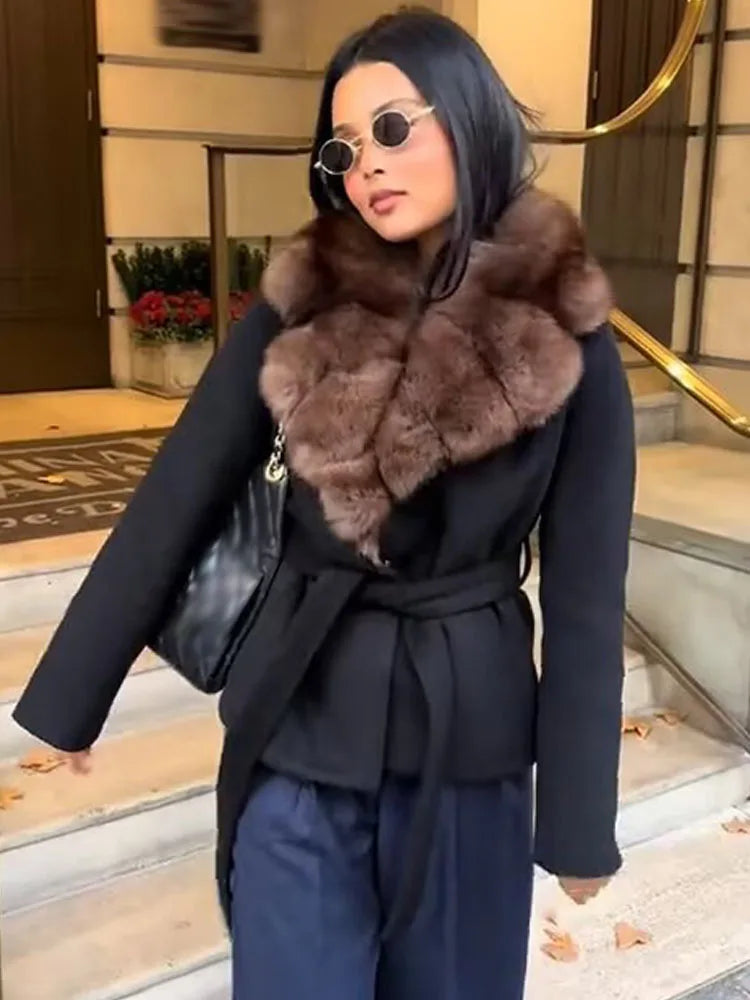 HH Women Winter Elegant Slim Elegant Turn-Down Collar Coat Black Pockets Belt Decoration Women Fashion Long Sleeves Coats
