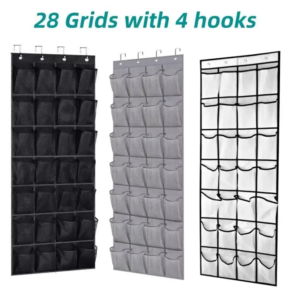 Organisateur de chaussures suspendu à porte en maille noir, gris et blanc, avec 28 compartiments et quatre crochets, pour un rangement pratique des chaussures sur la porte