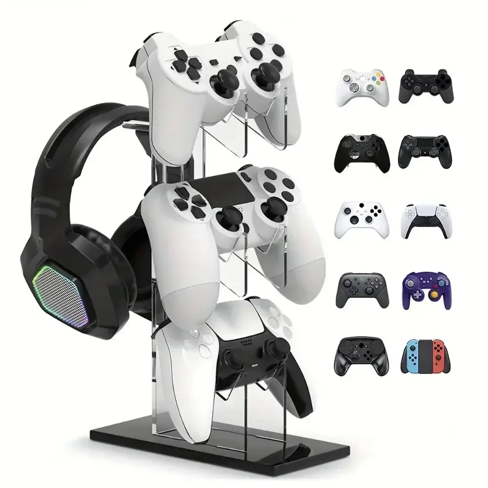 黒色のベースで複数の白いプレイステーションコントローラーを保持し、発光する黒色のヘッドセットを備えた、クリアアクリル製ゲーミングコントローラースタンドおよびヘッドセットホルダー。