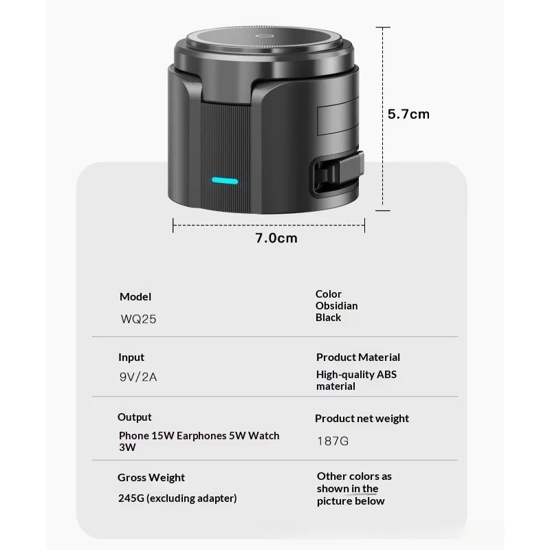 Foldable 3-in-1 Wireless Charger – Compact Travel Design, Charges Phone+Watch+AirPods, Type-C Input