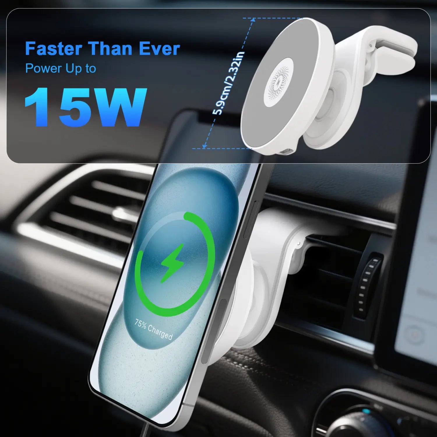 white wireless car charger with suction cup and clip for vents designed for fast charging and magnetic phone mounting
