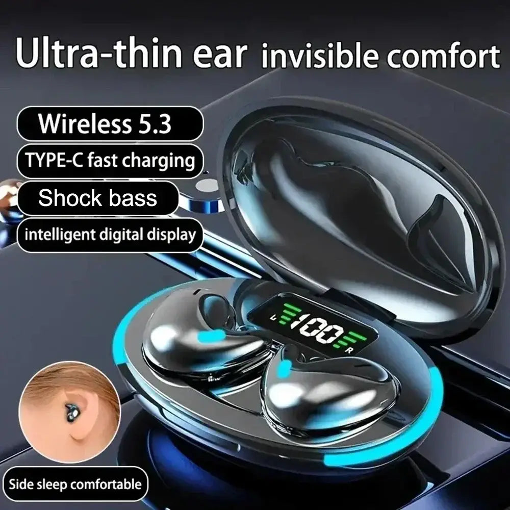 black and blue wireless sleeping earbuds with bluetooth 5.3 feature a sleek ultra-thin design and are nestled in their matching charging case