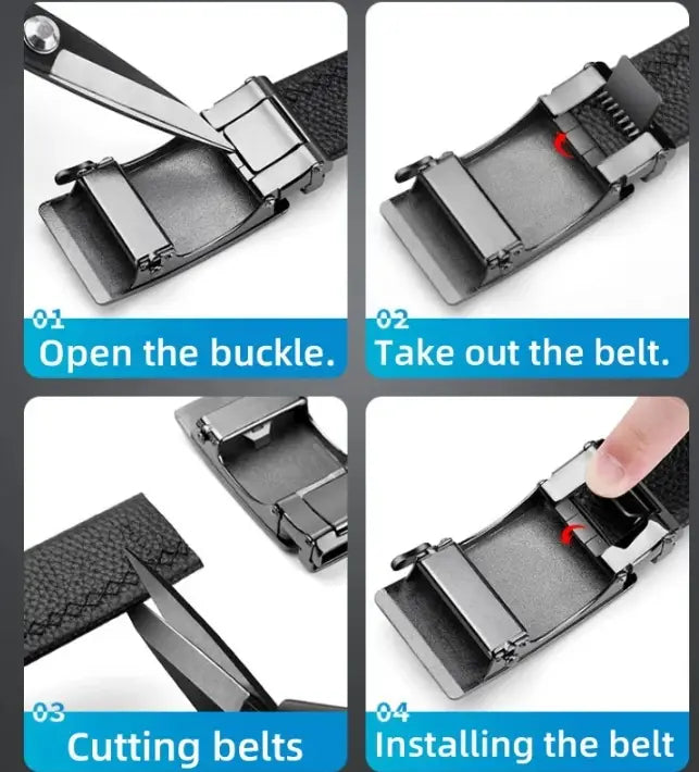 Black textured leather belt with a matte black metal automatic buckle from Oyifan ratchet leather belt for men.