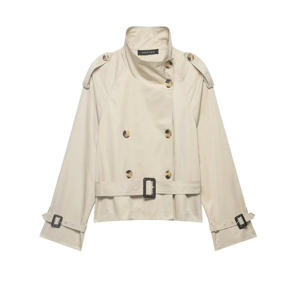 HH Women's Short Trench Coat Spring Autumn Stand Collar Belted Double Breasted Beige Jacket for Office Work Casual Daily