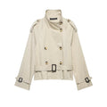 HH Women's Short Trench Coat Spring Autumn Stand Collar Belted Double Breasted Beige Jacket for Office Work Casual Daily