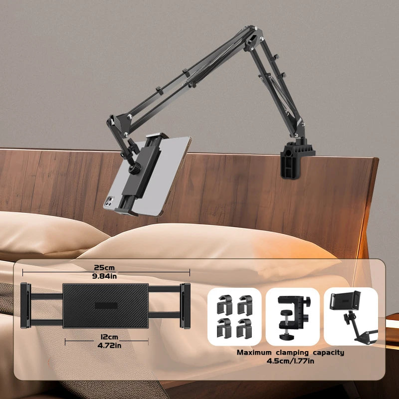 ベッドでの使用を想定した、調整可能なクランプおよび複数の取り付けオプションを備えたブラックメタルの関節式タブレットアーム