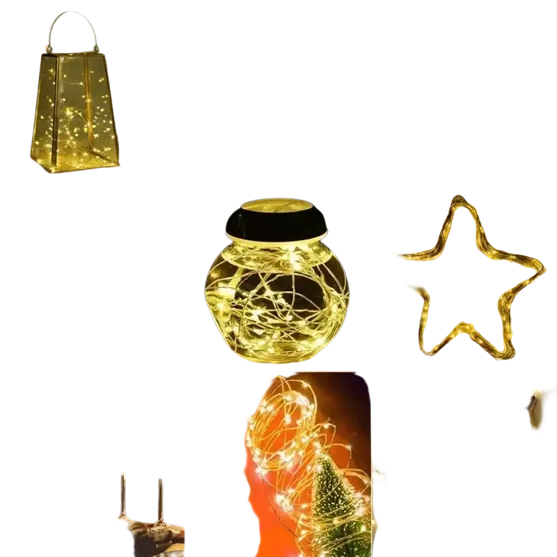Golden fairy lights in decorative shapes on copper wire outdoor solar light string for garden and party decoration