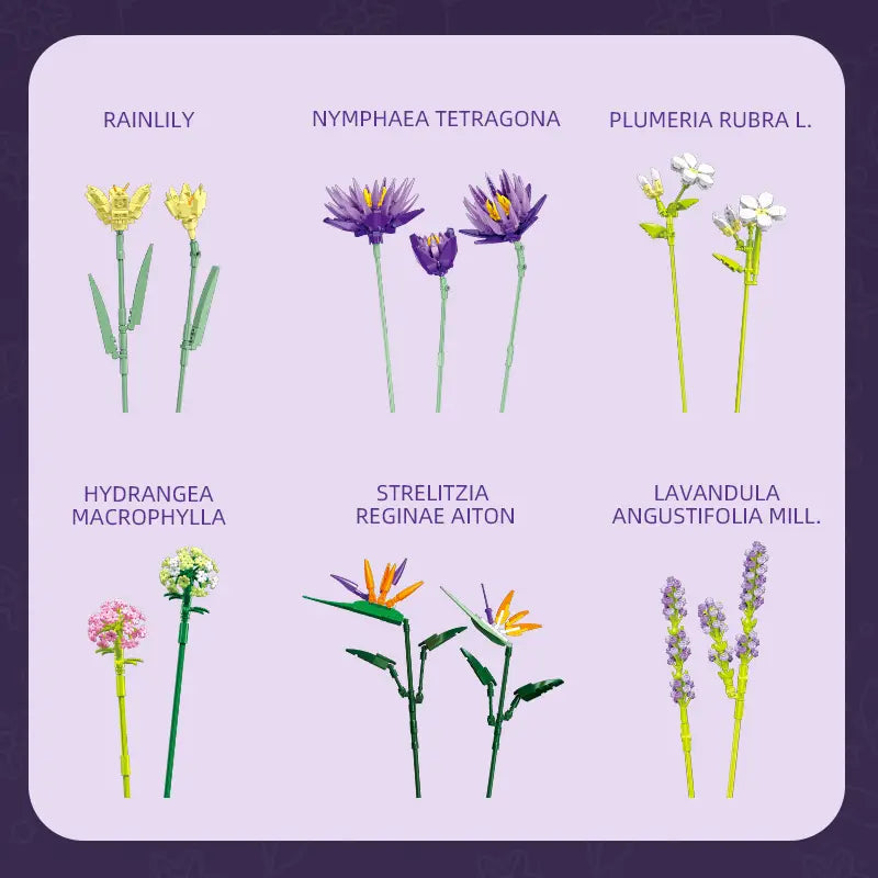 Un ensemble de bouquet de fleurs en briques comprenant six modèles de fleurs Lego finement conçus, aux couleurs vibrantes et aux pétales détaillés, pour les amateurs de blocs