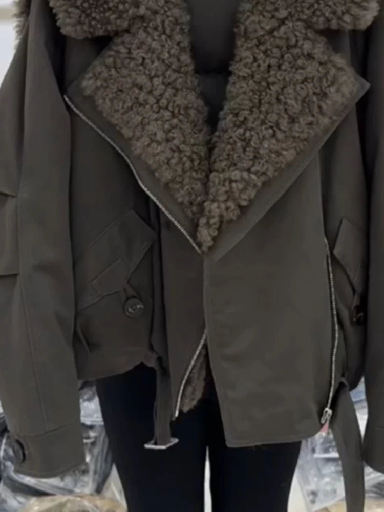 Winter Fashion Faux Fur Collar Padded Jacket Women Army Green Oversized Warm Thick Coat Drawstring Waist Streetwear Chic Tops