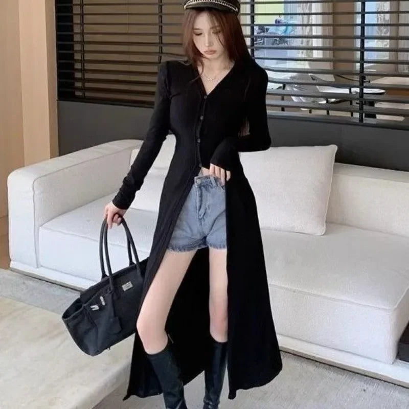 Chic V-neck Black Long Sleeve Shirts Women Slim Cardigan Autumn Mid-length Tops Y2k Windbreaker Streetwear Thin Blouses Trench