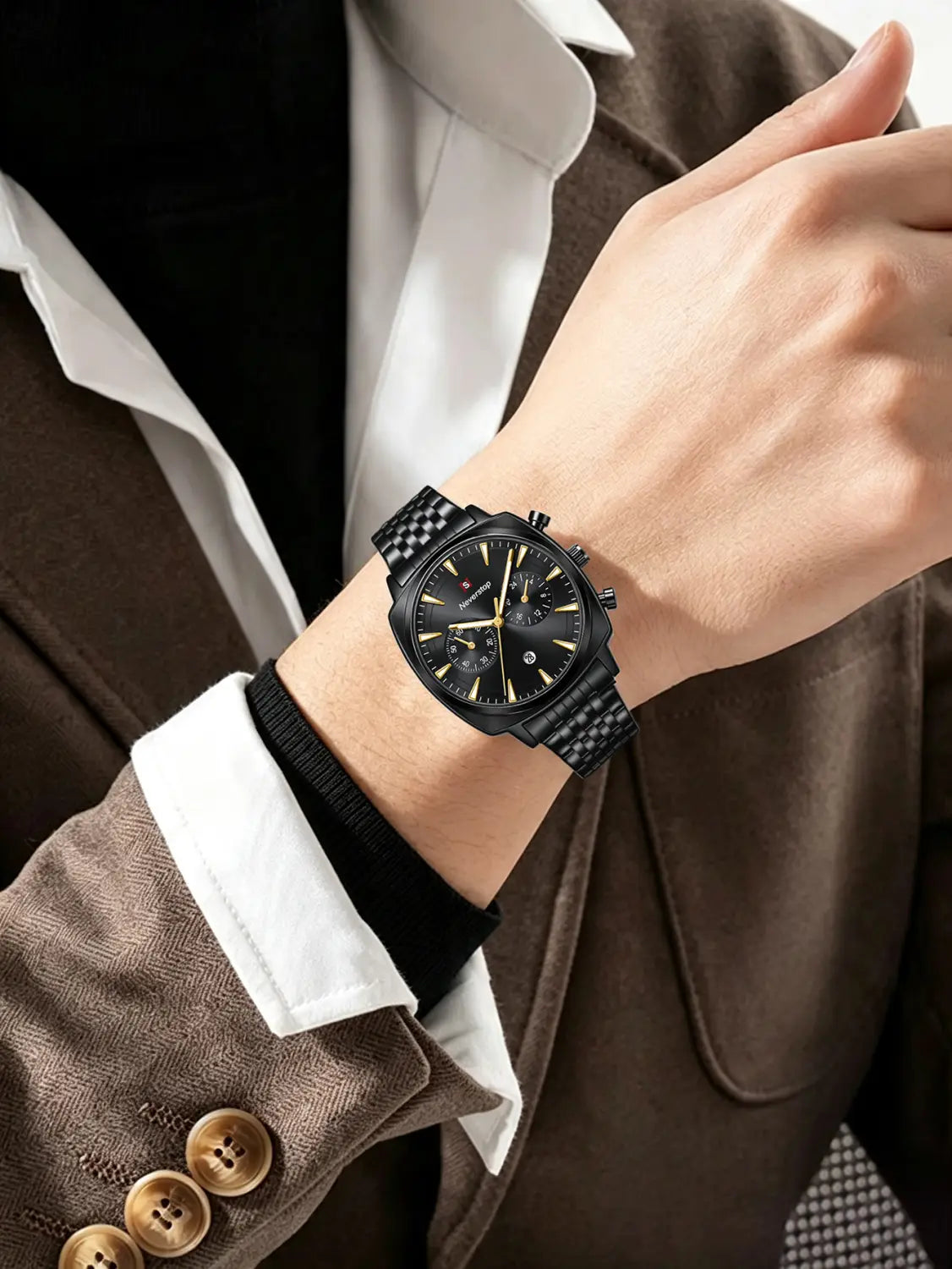 Men’s stainless steel chronograph watch with a black textured metal band and gold-toned hands and markers.