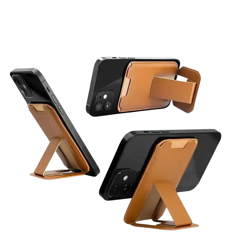 Brown leather magnetic phone card holder stand with integrated card holder case for iPhone 15 14 13 Pro Max