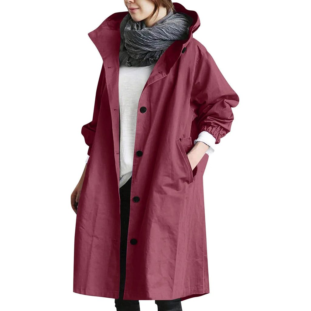 Trendy Women's Long Trench Coat Women's Solid Color Elegant Windbreaker Loose Comfortable Hooded Temperament Ladies Raincoat