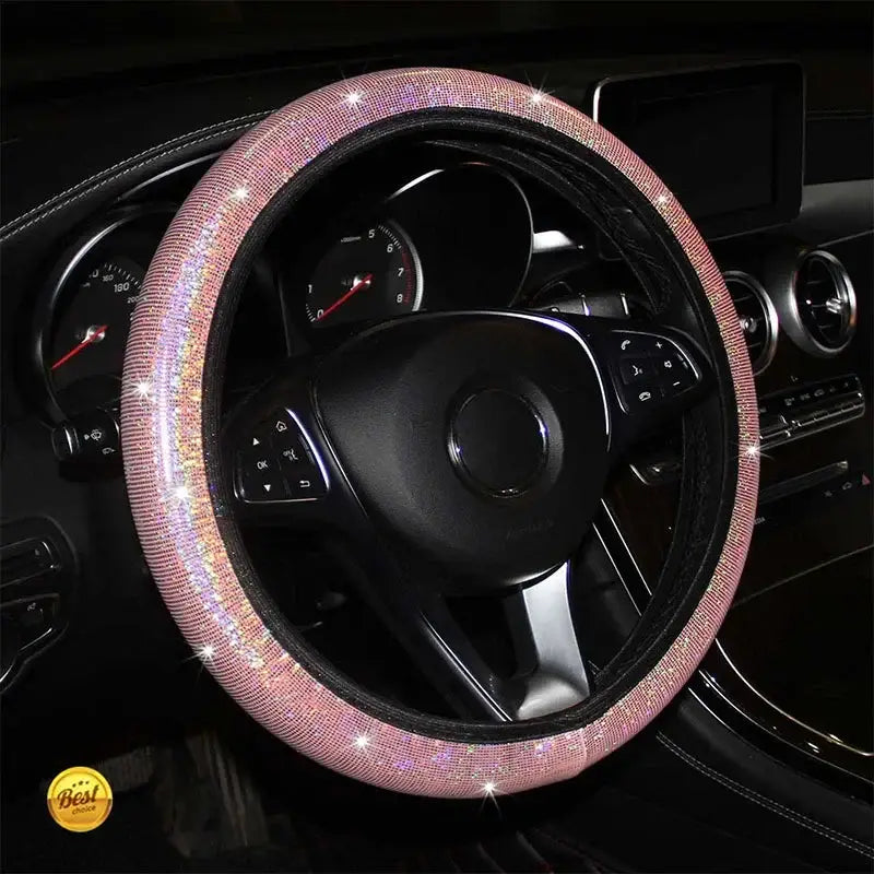 Schimmernde Strass-Lenkradabdeckung mit pinkfarbenen Strassnieten für dekorative und schützende Verwendung.