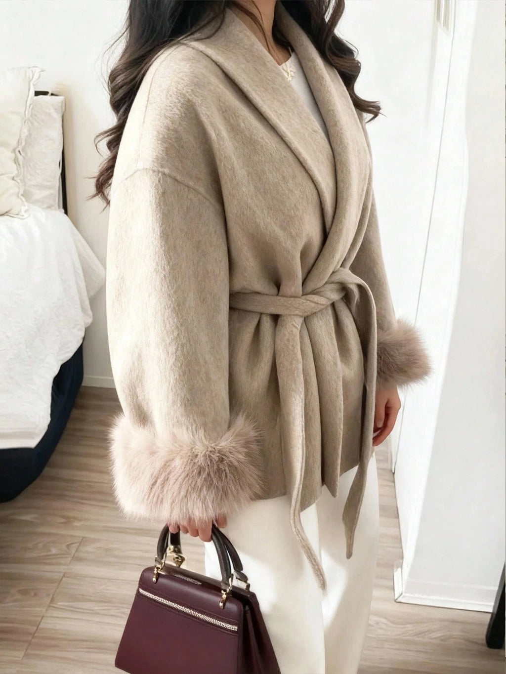 Women Winter Wrap Coat Wool Blend Belted Faux Fur Cuff Beige 2026 New Elegant Old Money Office Outerwear