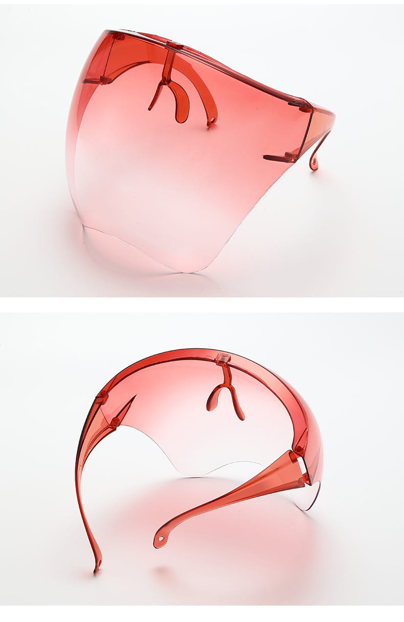 A translucent pink full face safety glasses protective face shield mask with a curved seamless design and adjustable ear loops providing effective protection glasses features.