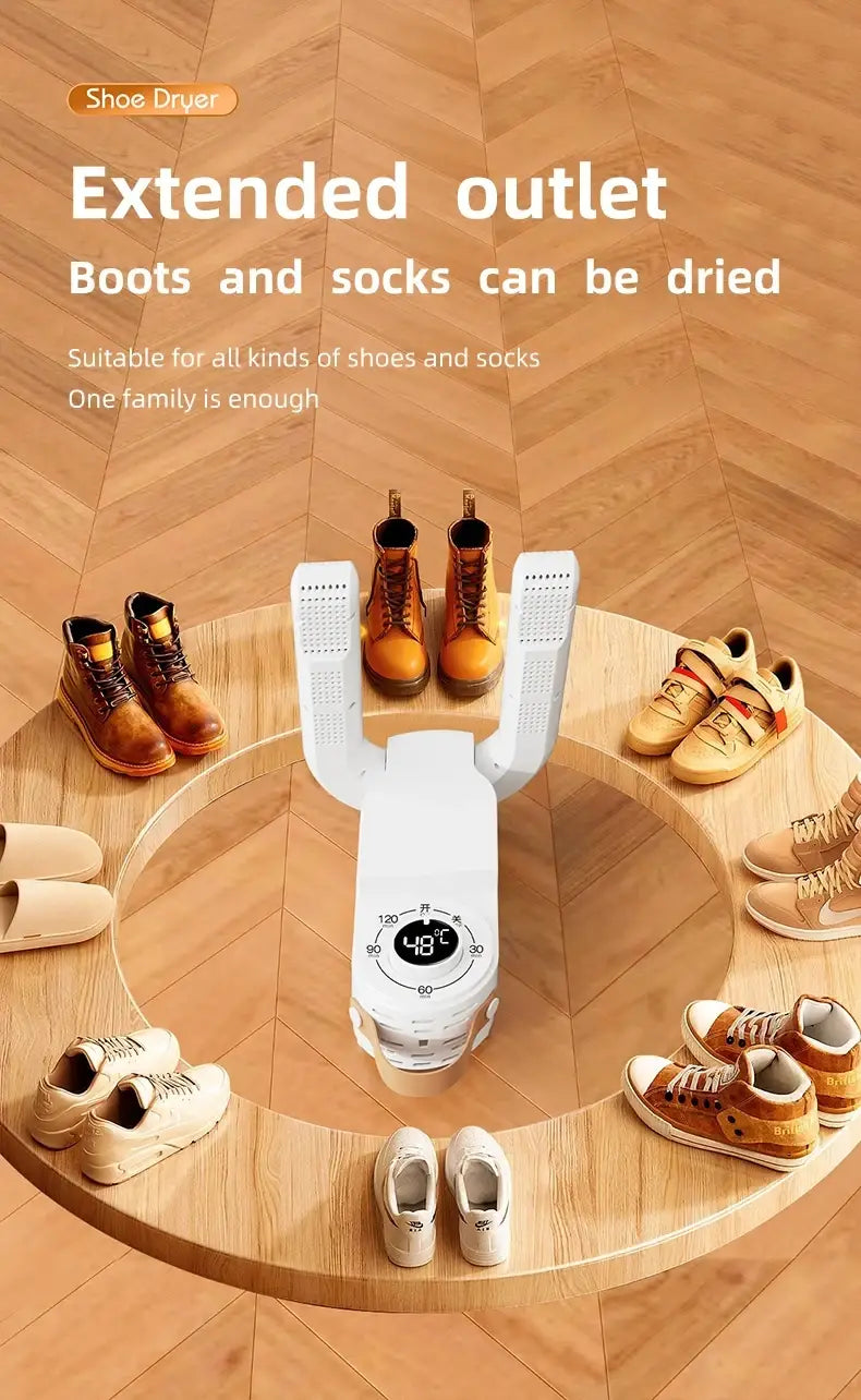Sèche-chaussures électrique portable blanc et réchauffeur, avec un design de sortie prolongée, un affichage numérique de la température et des éléments chauffants réglables pour le séchage des bottes et des chaussettes.