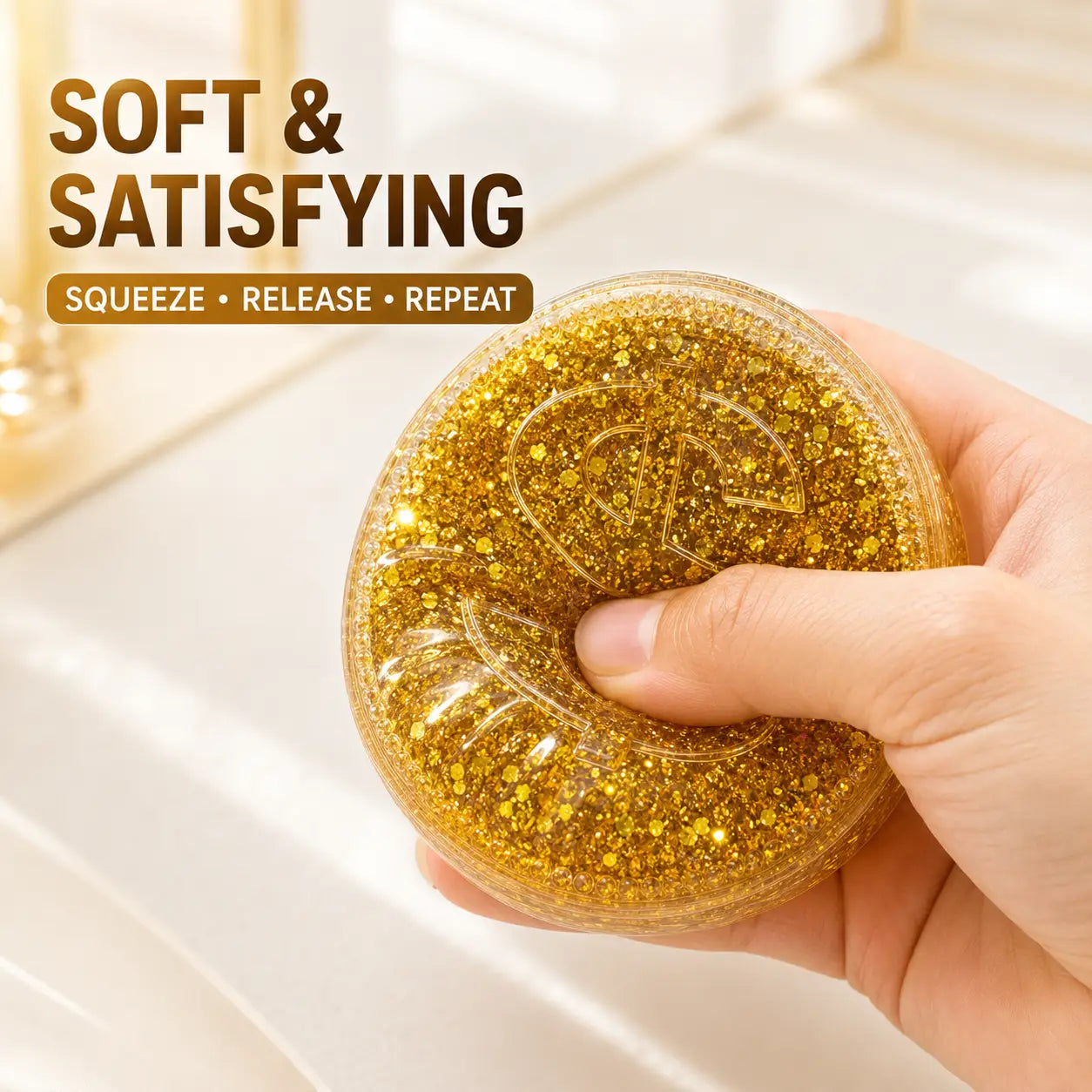 Geldmünzen-Quetschspielzeug mit glitzerndem Stressabbau- und Knetdesign, mit goldenem glitzerndem Gel, gefüllt, in klarem kreisförmigem Design – als Stressball.