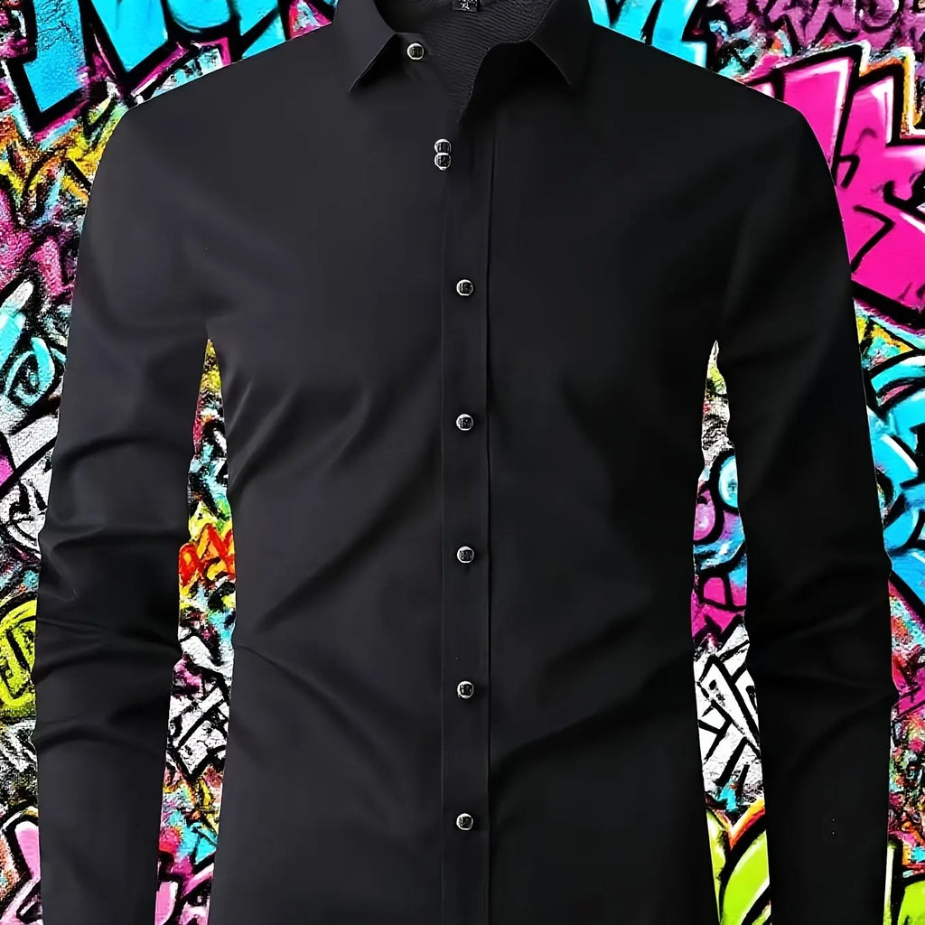 Men'S Elegant Long Sleeve Button- Shirt - Casual Polyester Fabric, Soft And Stretchy Fabric, Perfect for Outdoor Business Occasi