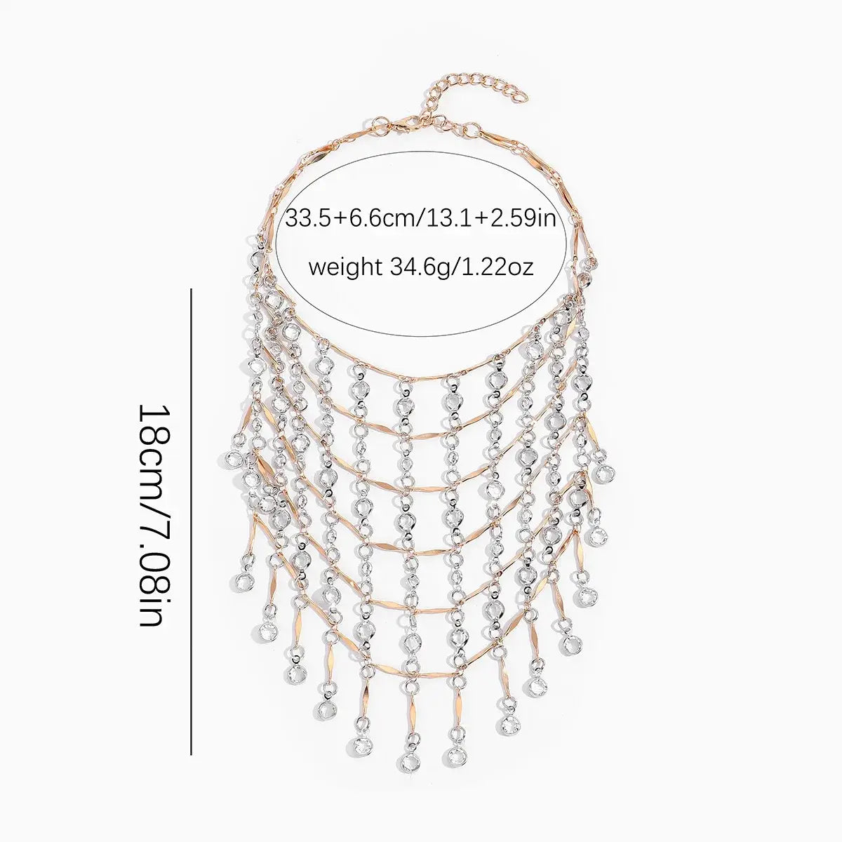 Collier ras du cou à gland en cristal, composé de chaînes dorées superposées et de perles en cristal transparent en cascade.