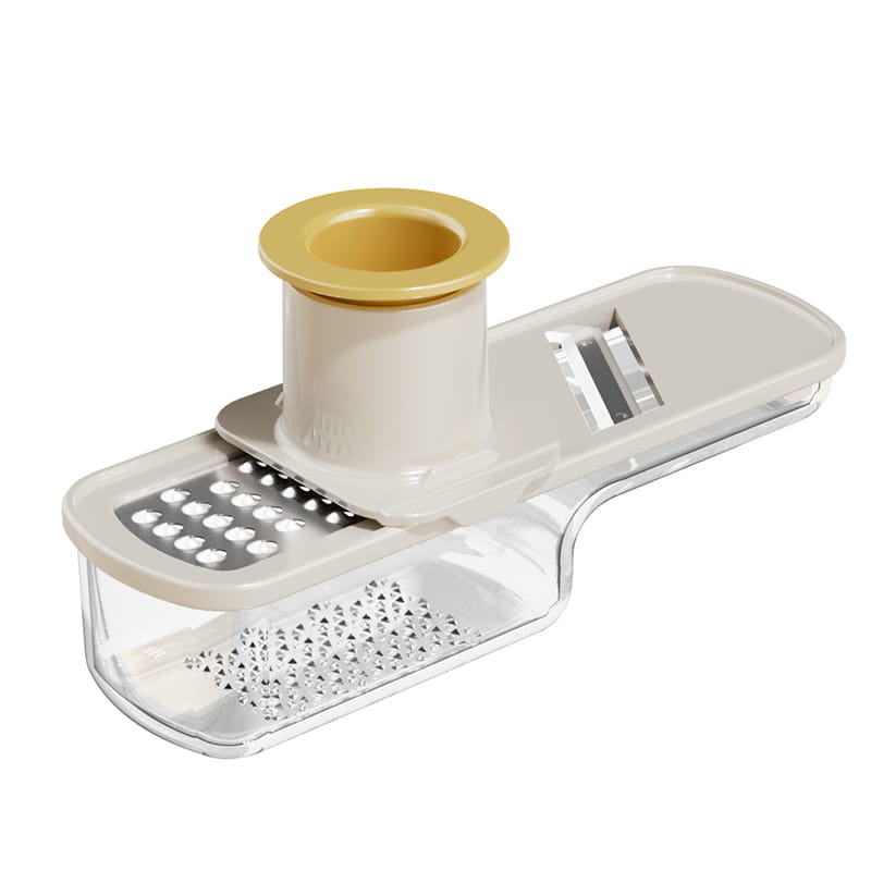 Hachoir à ail en acier inoxydable beige et jaune avec bac de collecte en plastique transparent pour un broyage efficace de l’ail.