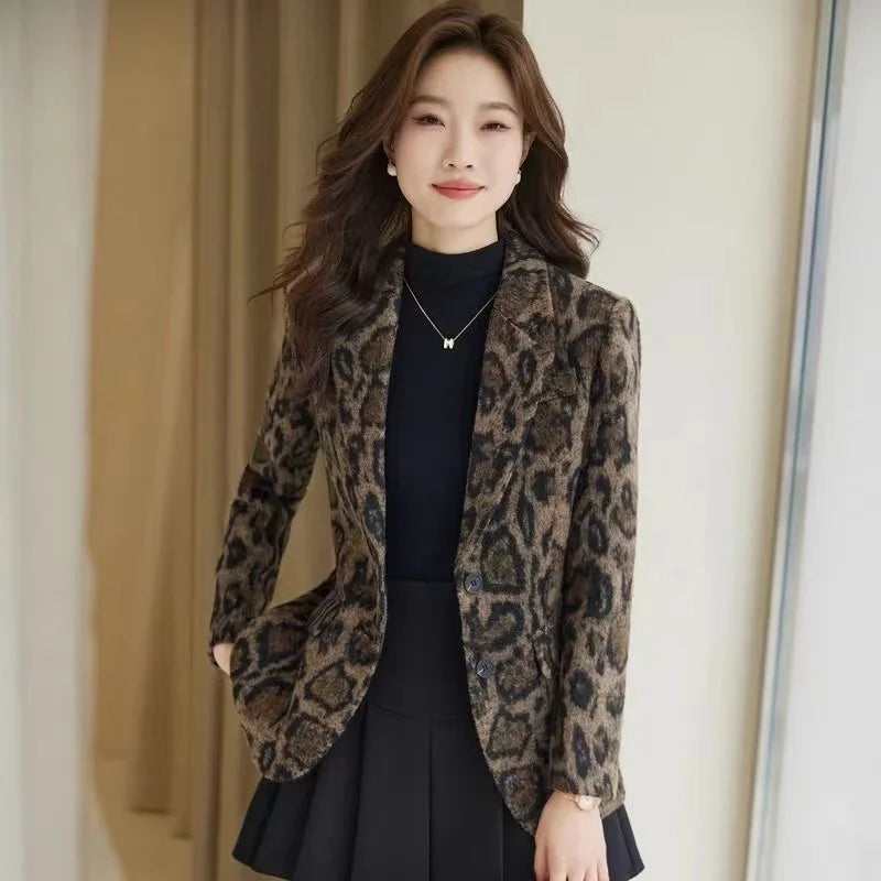 Women Leopard Printed Woolen Blazer Long Sleeve Single Breasted Autumn Winter Jacket Streetwear Ladies Blazer Female Outerwear
