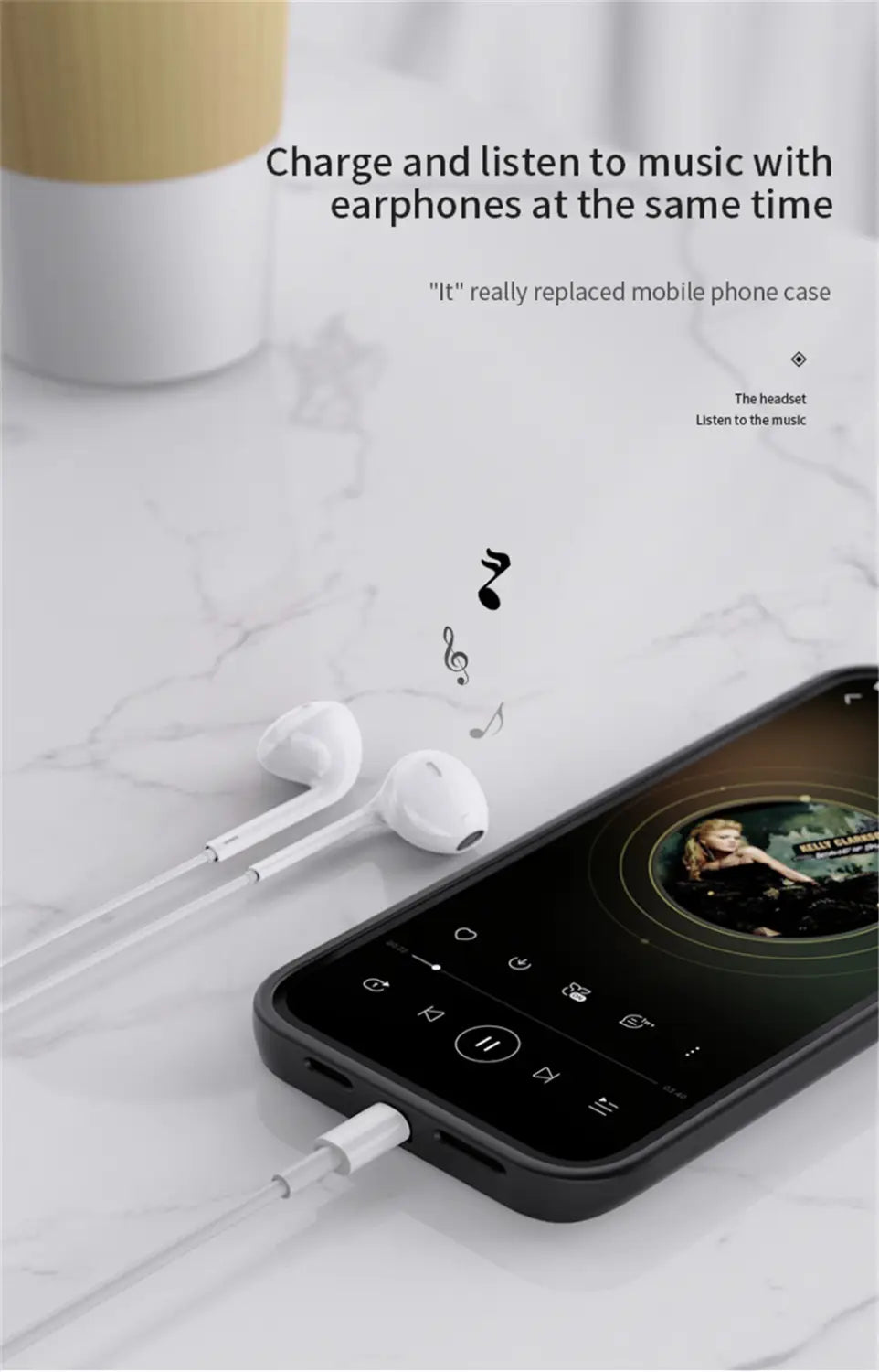 Weiße kabelgebundene Ohrhörer mit elegantem, minimalistischem Design, dargestellt zusammen mit einer Pro-Max-Akku-Ladehülle für iPhone 16- und 17-Serien