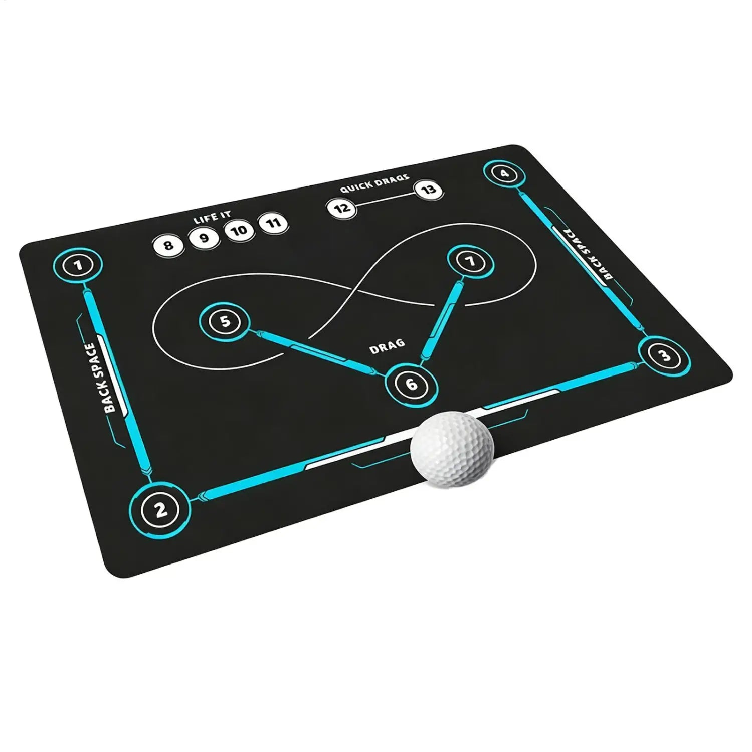 Schwarze Golf-Trainingsmatte mit türkisfarbenen Schaltkreis-ähnlichen Markierungen und nummerierten Zonen mit einem weißen genoppten Golfball für die Verwendung als rutschfeste Hockey-Trainingsmatte zum Stockführen.