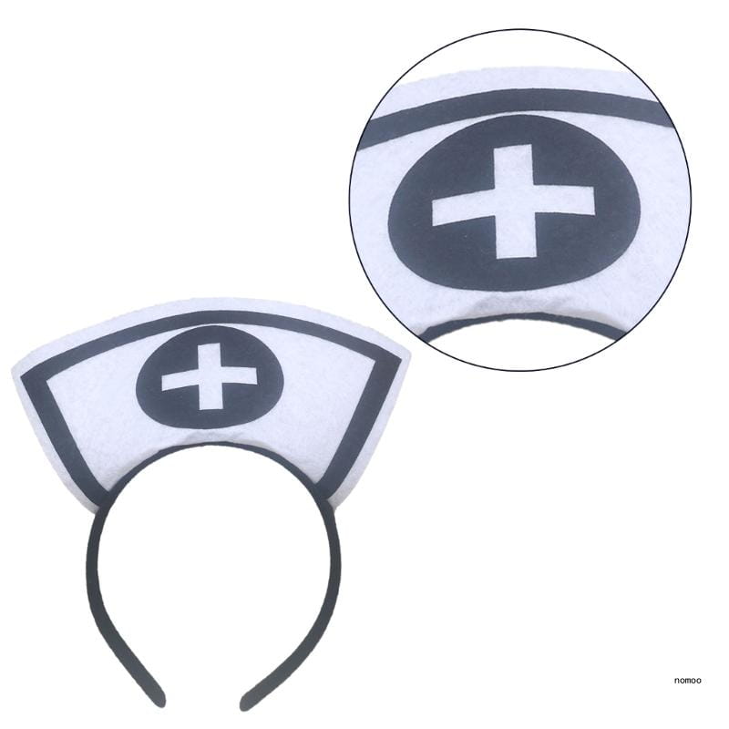 Bandeau de costume d’infirmière blanc, fabriqué en tissu, avec une bordure noire et un emblème de croix central, conçu pour un usage de serre-tête pour cheveux à l’occasion d’Halloween.
