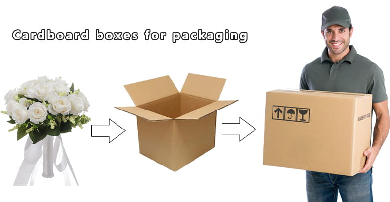 brown cardboard box with black printed handling symbols containing the white silk rose wedding bouquet with lace and pearls