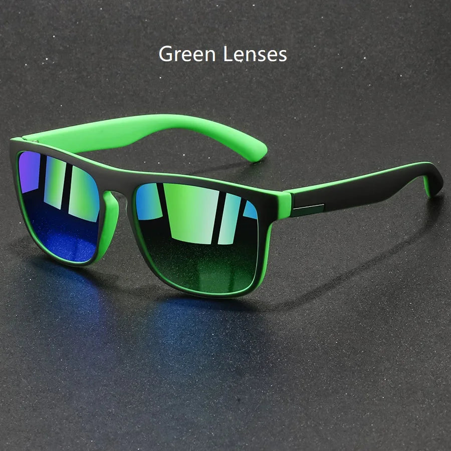 vintage square luxury brand designer sunglasses featuring vibrant green frames and reflective gradient lenses.