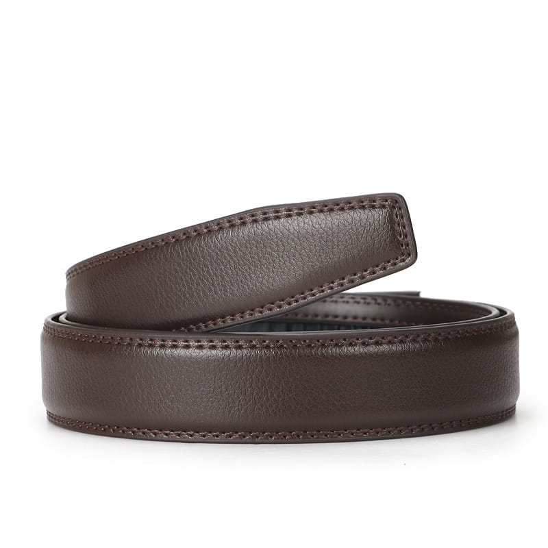 Oyifan ratchet leather belt for men in brown with smooth textured leather and precise edge stitching.