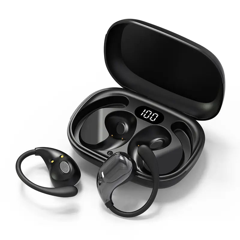 black wireless bluetooth ear hook headphones with hook-style stems and matching charging case displaying digital battery indicator for sports use