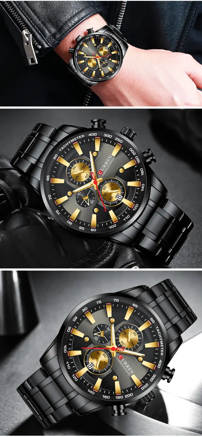 Curren mens chronograph stainless steel watch featuring a black and gold dial with a stainless steel bracelet.