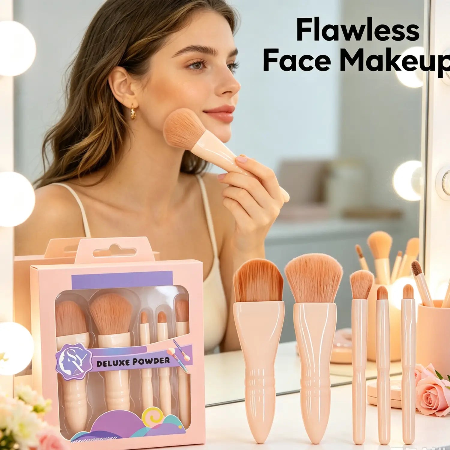 Ensemble complet de 5 pinceaux de maquillage en poudre de qualité supérieure, rose et beige, logés dans une boîte pastel rose avec des accents violets, fabriqués sur le territoire continental de Chine.