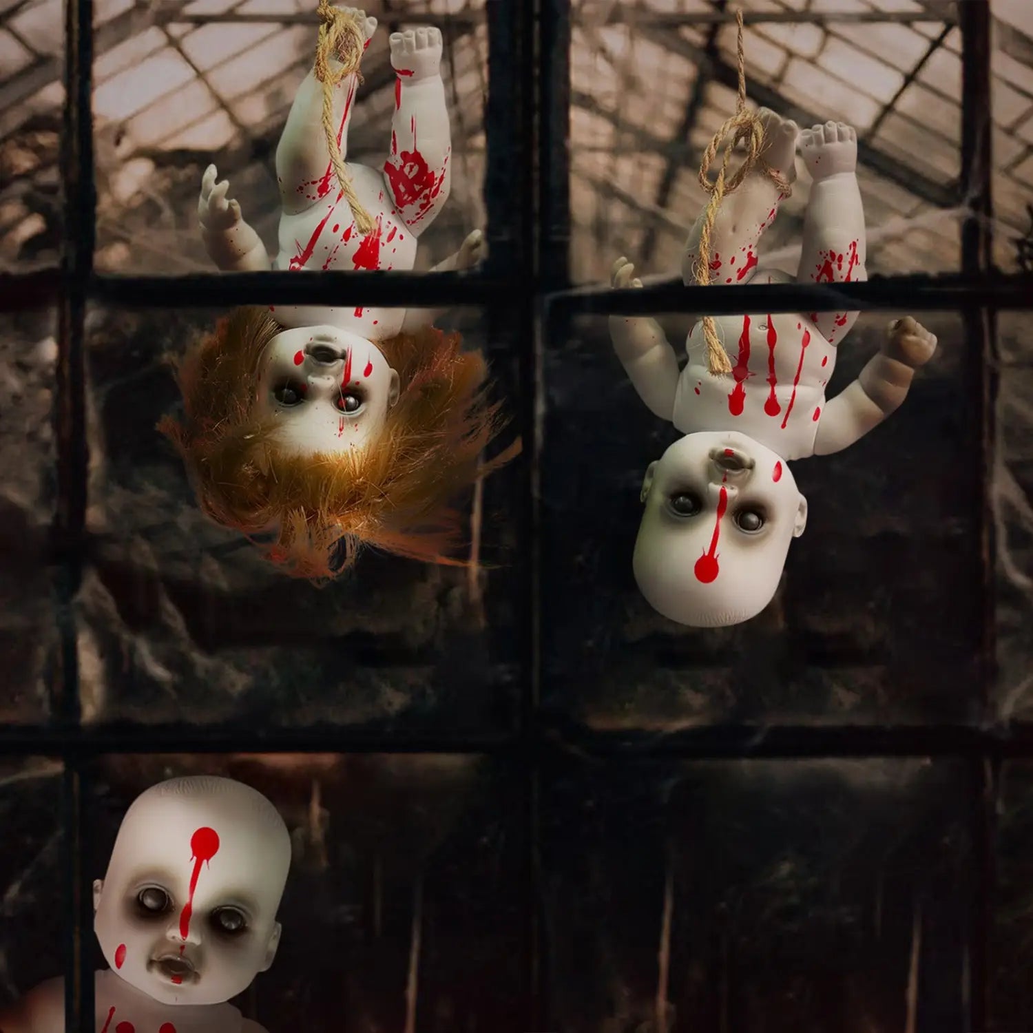 white porcelain halloween hanging ghost dolls with red paint splatters suspended by ropes in a grid of dark glass panes as spooky decorations