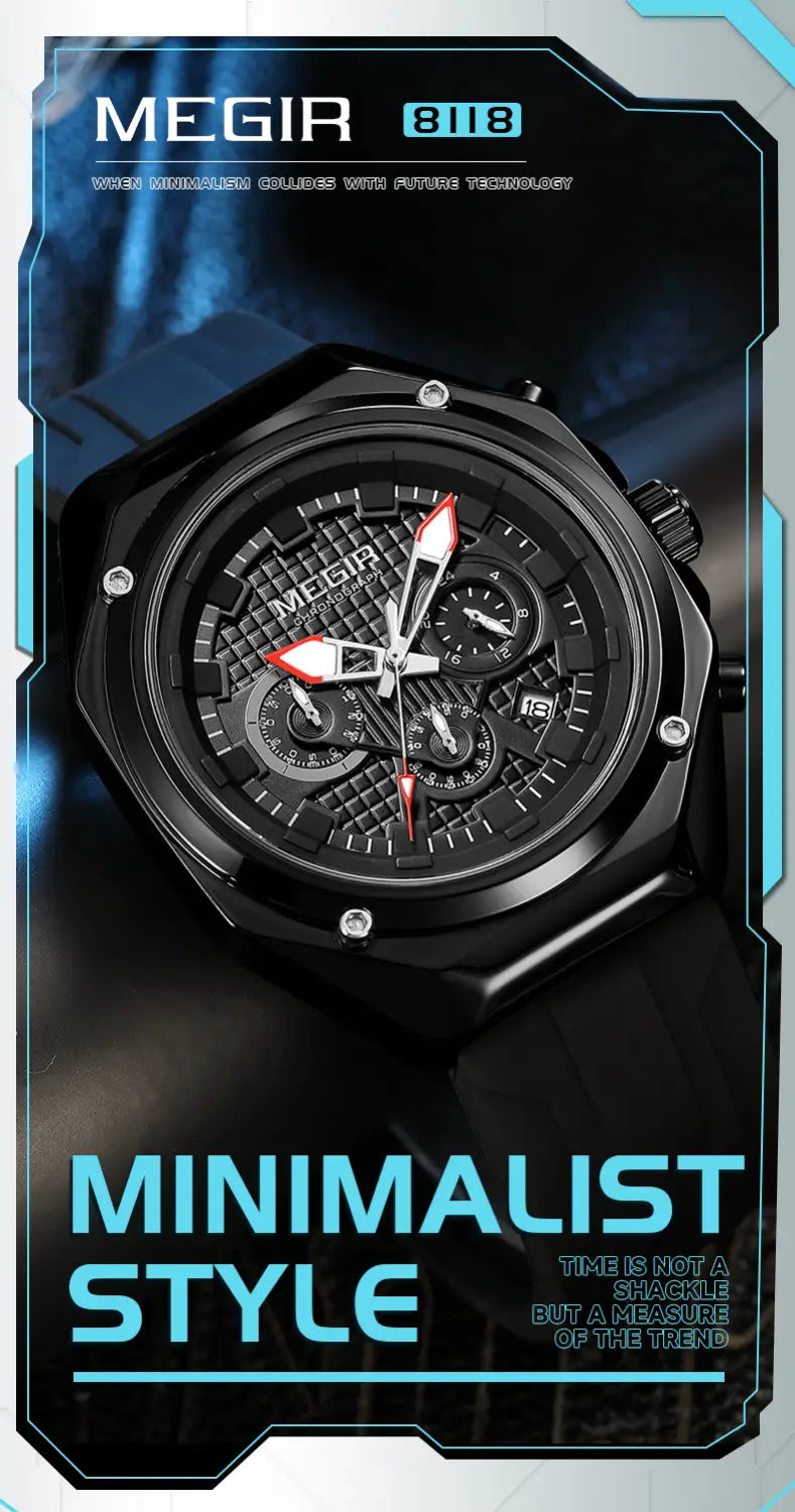 Black Megir 818 men’s sport chronograph watch with silicone strap featuring a minimalist design dark face and red-tipped hands and subdials.