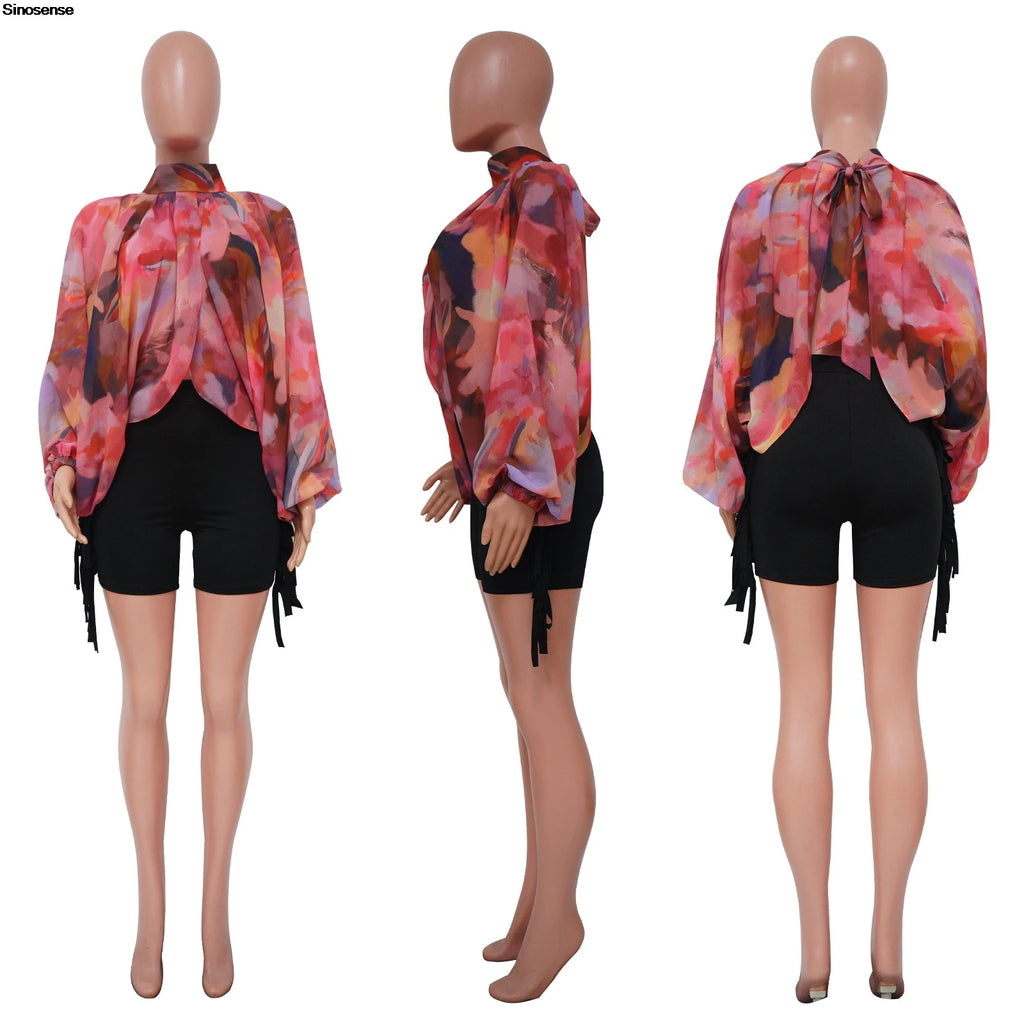 Women Chiffon Blouses Sexy Sheer See Through Front Back Open High Neck Self Tie Shawl Casual Shirts Y2K Night Club Party Tops