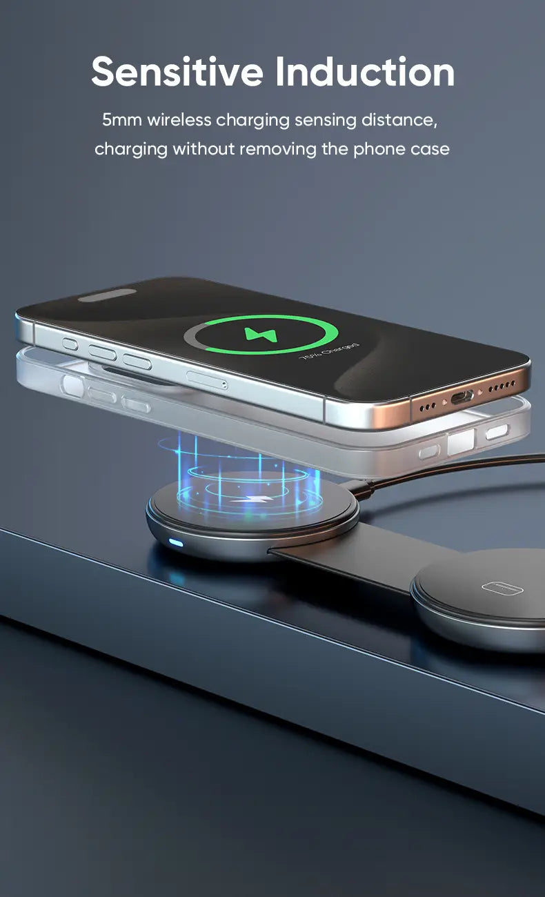 A sleek silver and black foldable 3-in-1 magnetic wireless charger with a circular design that supports 5mm sensing distance for phone case-compatible charging.