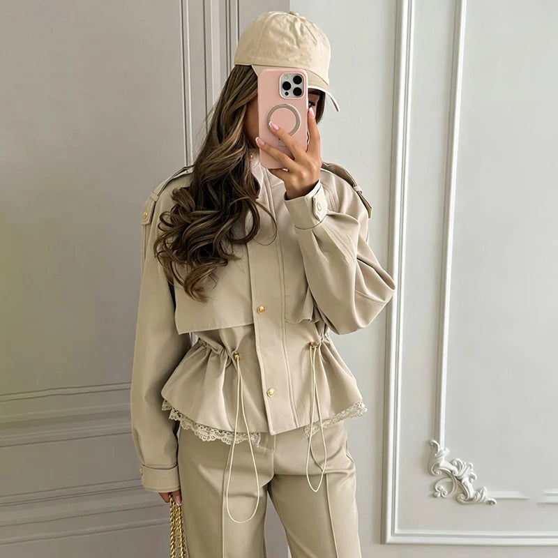 Women Lace Hem Cropped Trench Jacket Stand Collar Epaulet Gold Button Closure Drawstring Waist Coat Casual Ladies Outerwear