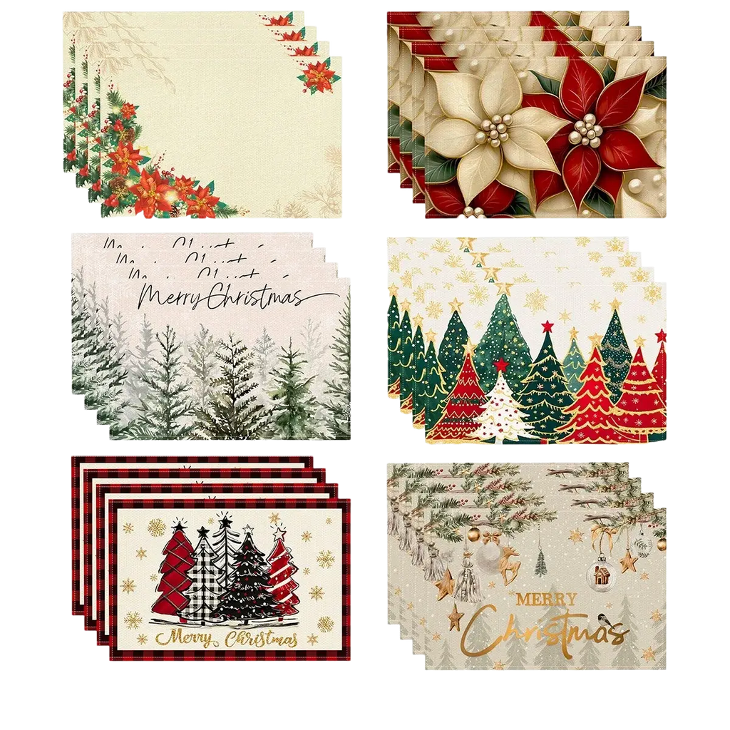 Set of six linen christmas tree placemats with holiday designs in reds, greens, golds, and cream for dining tables