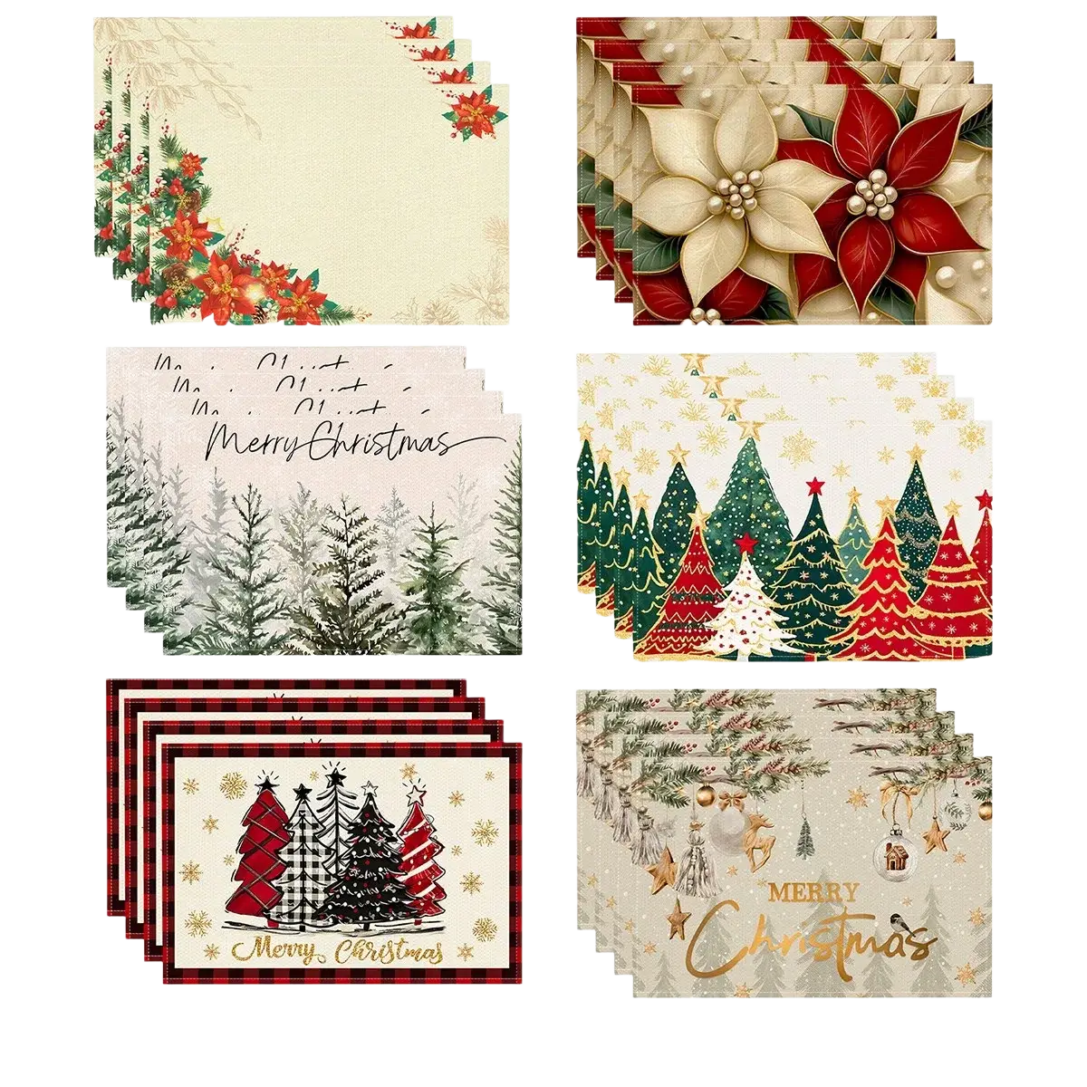 Set of six linen christmas tree placemats with holiday designs in reds, greens, golds, and cream for dining tables