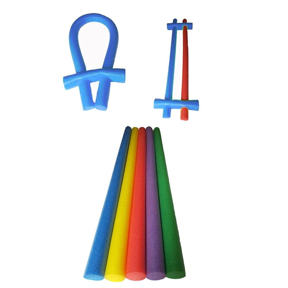 Set of colorful foam pool noodles in blue yellow red purple and green for use as a pool noodle connector training aid float holder.