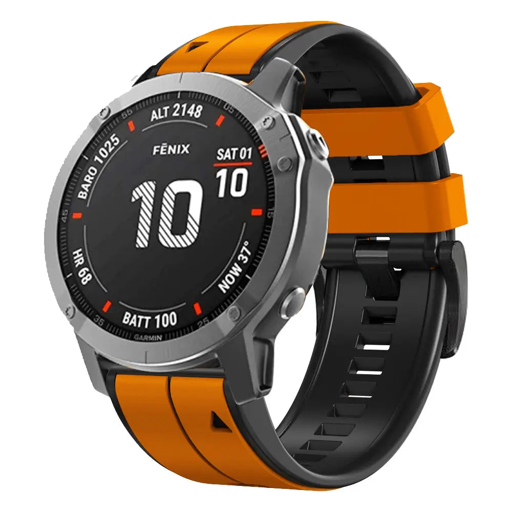 Orange-schwarze Garmin Fenix Smartwatch mit metallischem Rahmen und sportlichem Silikonarmband, entwickelt für Garmin Forerunner-Nutzer.