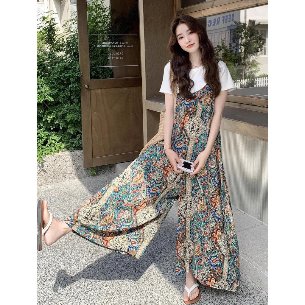 Summer Women's Jumpsuit 2026 New Vintage Bohemian Rompers Casual Fashion Printed Wide Leg Pants Female Sleeveless Strap Overalls