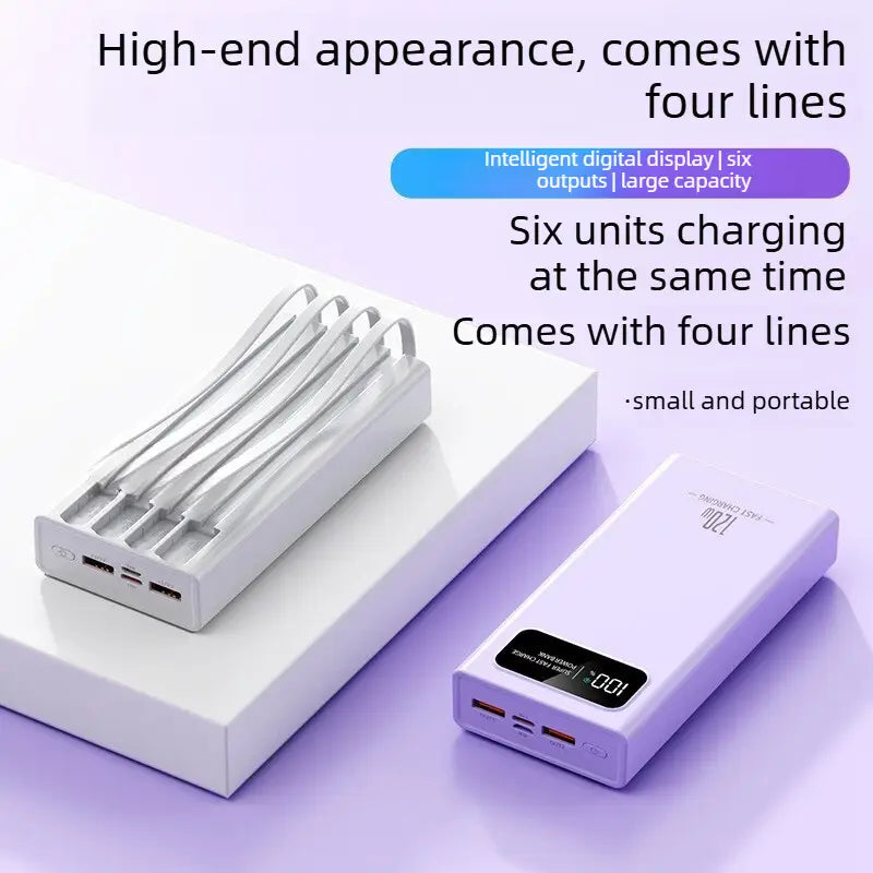 a sleek lavender-colored portable power bank with built-in cables digital display and multiple charging ports available in 50000mah 30000mah 10000mah 120w capacity models
