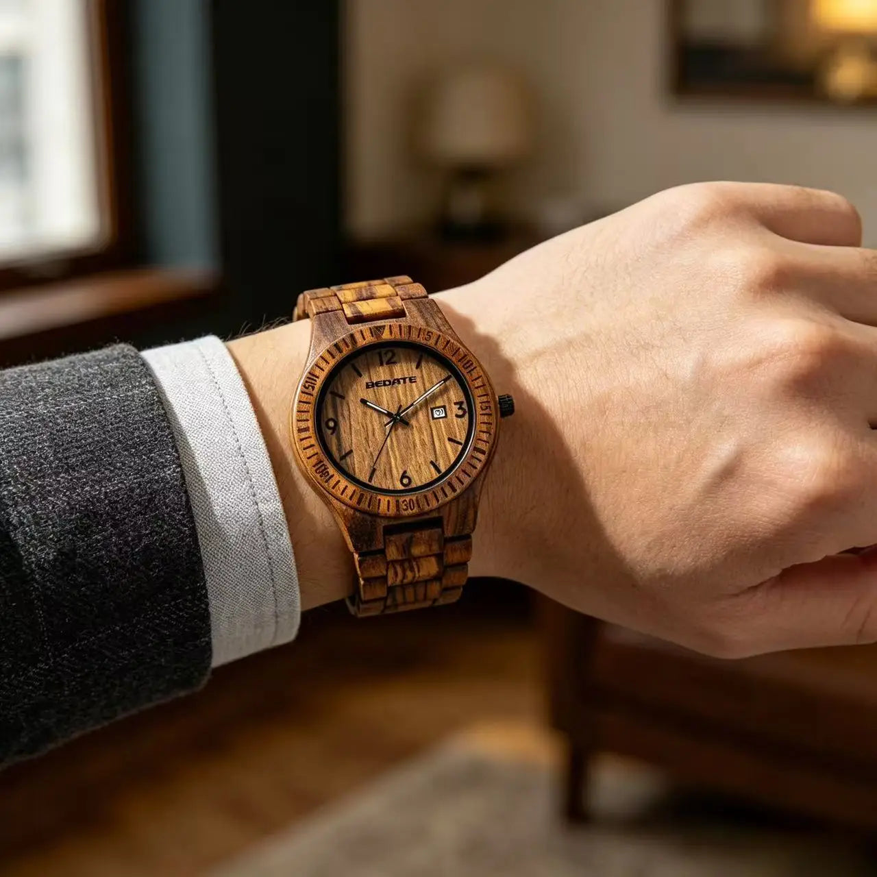 Eine hölzerne Armbanduhr aus natürlicher Holzmaserung für Herren, Quarz, mit leuchtender Datumsanzeige, mit warmbraunem Finish; minimalistische schwarze Zeiger und der Markenname „bedate“ auf dem Zifferblatt.